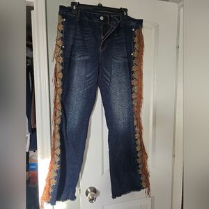 Grace Dark Blue Jeans with Gold and Tan Fringe